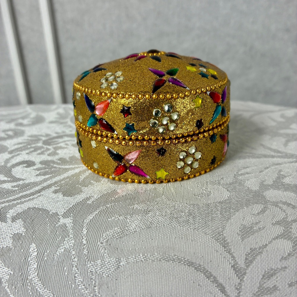 Vintage Gold Glitter Trinket Box Colorful Rhinestone Beaded Round Jewelry Case